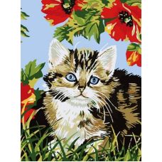 Котенок в цветах, Живопись на холсте, 30x40