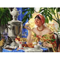 Живопись по номерам По мотивам Б.Кустодиева. Чаепитие у самовара., 30x40, Белоснежка