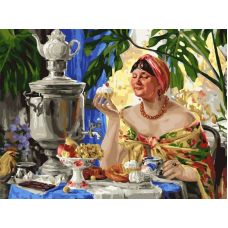 Живопись по номерам По мотивам Б.Кустодиева. Чаепитие у самовара., 30x40, Белоснежка