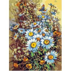 Живопись на холсте Букет с ромашками и бабочкой, 30x40, Белоснежка