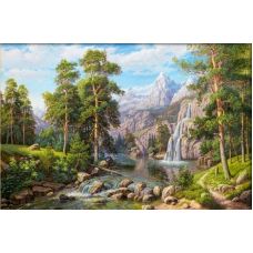 Мозаика стразами Пейзаж с водопадом, 60x40, полная выкладка, Алмазная живопись