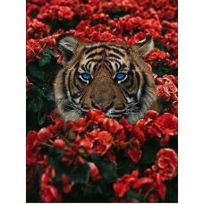 Мозаика стразами Тигр в цветах, 30x40, полная выкладка, Алмазная живопись