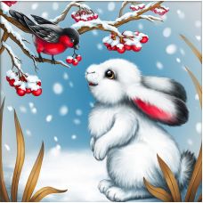 Мозаика стразами Кролик и снегирь, 15x15, полная выкладка, Алмазная живопись