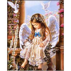 Мозаика стразами Ангел с кроликом, 40x50, полная выкладка, Алмазная живопись