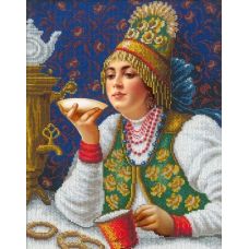 Набор для вышивания бисером Русская красавица за чаем, 27x38, Русская искусница