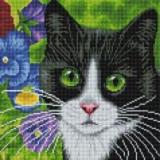Алмазная мозаика Кот в анютиных глазках, 30x30, полная выкладка, Белоснежка