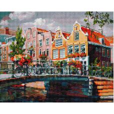 Алмазная мозаика Амстердам. Мост через канал, 40x50, полная выкладка, Белоснежка