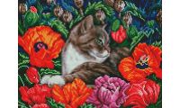 Алмазная мозаика Кот в маках, 30x40, полная выкладка, Белоснежка
