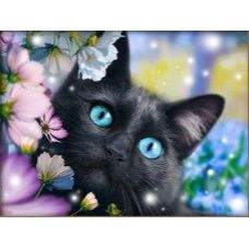 Мозаика стразами Черный кот в цветах, 40x30, полная выкладка, Алмазная живопись