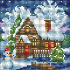 Мозаика стразами Зимний домик, 15x15, полная выкладка, Алмазная живопись