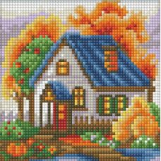Мозаика стразами Осенний домик, 15x15, полная выкладка, Алмазная живопись