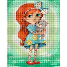 Алмазная мозаика Девочка с котенком, 20x25, полная выкладка, Белоснежка