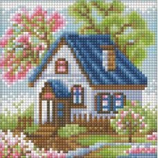 Мозаика стразами Весенний домик, 15x15, полная выкладка, Алмазная живопись