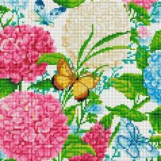 Алмазная мозаика Гортензии и бабочки, 30x30, полная выкладка, Белоснежка