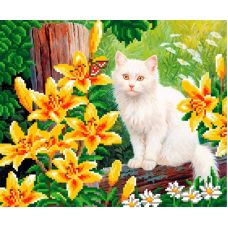 Рисунок на габардине Кот в цветущих лилиях, 35x40 (23x28), МП-Студия, Г-049